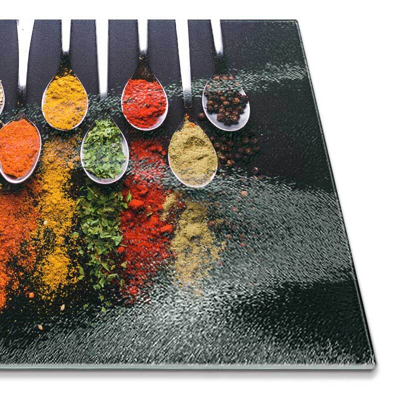 Cutting boards made from tempered textured chinchilla finish glass with your artwork or photography printed on them.