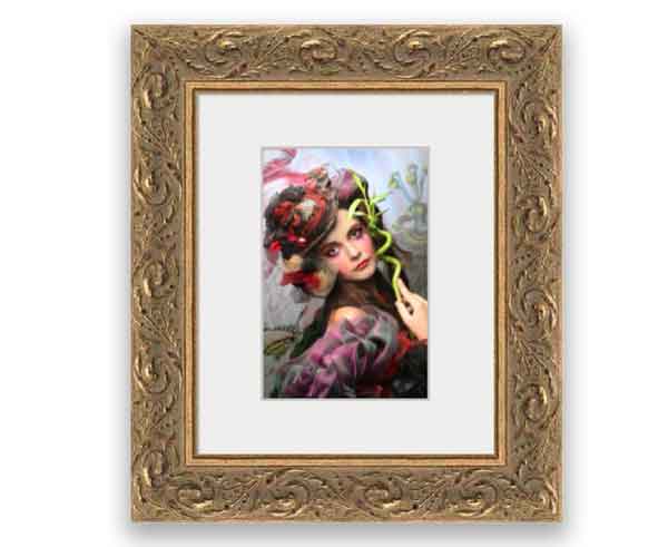 Small 4x6 Print in small elaborate frame that could be placed on any end table, shelf or desktop.