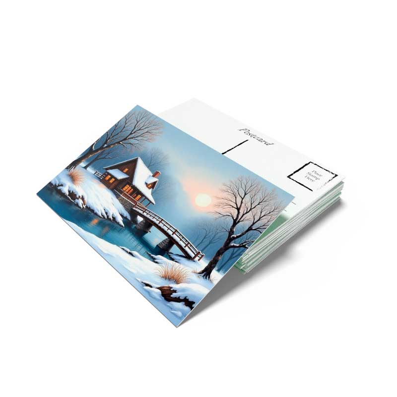 Postcards of assorted sizes. Have your photography or artwork printed on the front. Stamp placeholder and address lines printed on the back of the postcard.