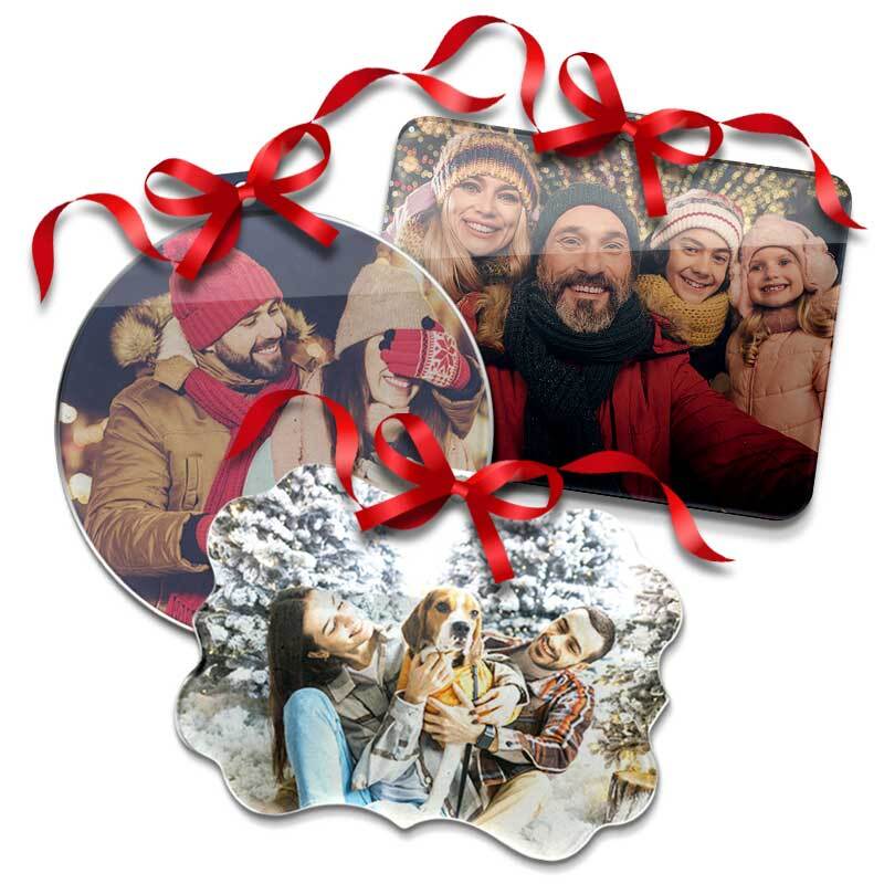 Christmas ornaments available any time of the year. Print your photos or your artwork and hang them during the Holidays! 