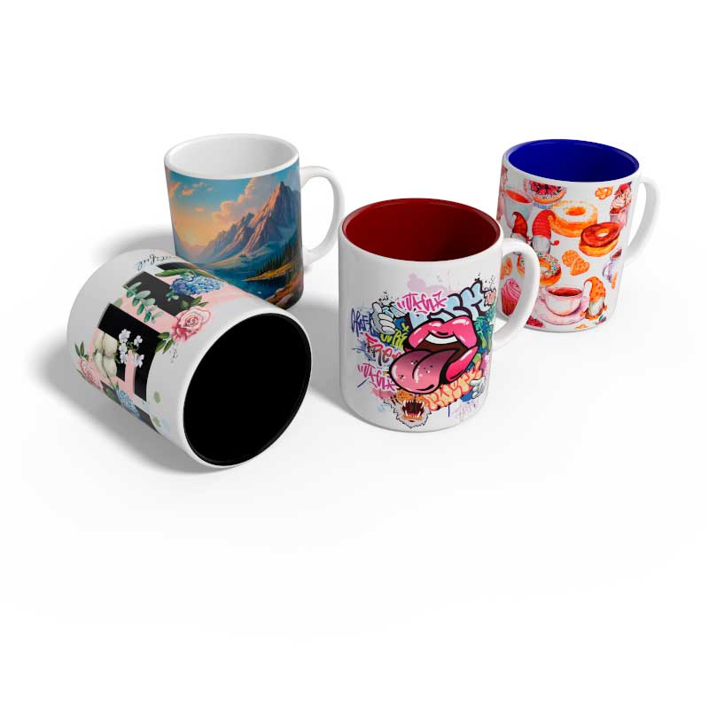 Mugs available in accented inside colors as well as exterior black or white. Choose from 11oz or 15 oz mugs for your favorite hot beverage.