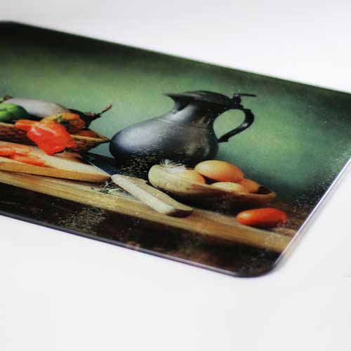 Cutting boards made from tempered textured chinchilla finish glass with your artwork or photography printed on them.